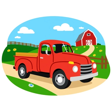 A vintage red truck is parked on a dirt road, situated in a rustic countryside setting. The truck has a weathered look, with shiny chrome accents and a wooden bed. Surrounding the truck are lush green fields dotted with wildflowers, swaying gently in the breeze. In the background, a classic red barn stands with white trim, complementing the truck’s color. The sky above is bright blue with a few fluffy white clouds scattered throughout. A small wooden fence runs along the edge of the field, enhancing the rural charm of the scene.