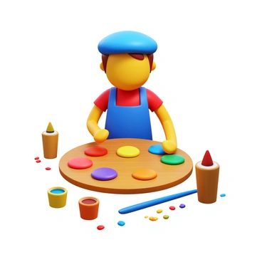 An artist wearing a beret is depositing dollops of "colorful paint" in various shades such as red, blue, yellow, and green onto a "wooden palette." The palette has a classic oval shape, with a smooth, natural wood finish. The artist's paintbrush rests nearby, and there are several open paint tubes scattered around. Some paint is drizzling down the sides of the palette, and a few splatters are visible on the artist’s apron. The background is softly blurred, ensuring the artist and the palette are the main focus of the image.