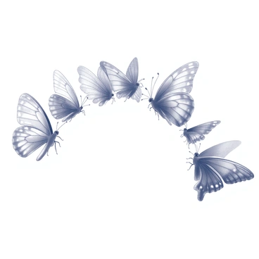 A collection of butterflies with various wing patterns and shapes is arranged in an arch formation against the sky. Each butterfly features distinct patterns, showcasing their unique designs. The arch stretches across the image, creating a dynamic display of the butterflies in a cohesive formation. The background sky is expansive, providing a canvas for the butterflies to stand out against their surroundings.