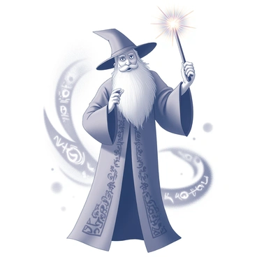 A wizard stands in a dynamic pose, with one arm raised, holding a wand. The wand is pointed forward, and bright, vibrant sparks are emanating from its tip. The wizard is wearing a long, flowing robe adorned with intricate patterns and a tall pointed hat that matches the robe. The expression on the wizard's face conveys concentration and power. The background features a mystical environment, with swirling magical energy and an array of symbols or runes floating in the air around the wizard.