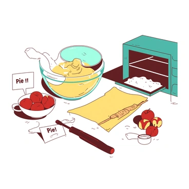 An illustration featuring a white kitchen countertop with various ingredients laid out for making a pie. In the foreground, there is a large glass mixing bowl filled with a yellow pie crust mixture. Next to the bowl, there is a wooden rolling pin and a sheet of dough being rolled out, with a small amount of flour scattered around. 

To the side, there are red apples sliced and arranged neatly in a bowl, alongside a measuring cup filled with sugar. A white recipe card is placed next to the bowl, showing the title "Pie Recipe" in bold letters. In the background, a teal oven is preheating with the door slightly ajar, and there is a pie dish waiting for the filling.