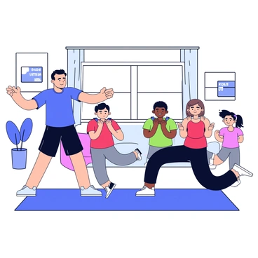 A family is exercising together in their living room. The parents are positioned at the front, demonstrating face pull exercises with resistance bands. The father is wearing a blue t-shirt and black shorts, while the mother is dressed in a red tank top and gray leggings. Their two children, a boy and a girl, are mirroring their movements behind them. The boy is in a green t-shirt and navy shorts, and the girl is wearing a pink tank top and black leggings. The room is bright and spacious, with a large window letting in natural light and a few motivational posters hanging on the walls. A yoga mat is laid out on the floor beneath their feet.