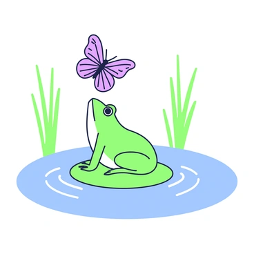 A frog is sitting on a lily pad in a serene pond. The frog is looking up, observing a butterfly that is gracefully fluttering above it. The butterfly has intricate wings that are spread wide, showcasing its patterns. Ripples in the water emanate from the lily pad, creating a subtle disturbance around the frog. Tall grass and reeds are visible at the pond's edge, swaying gently in the breeze. The scene captures a moment of stillness, highlighting the interaction between the frog and the butterfly.