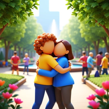 Two friends embracing in a joyful hug in a bustling city park. One friend has curly hair and is wearing a bright yellow t-shirt, while the other has straight hair and is dressed in a blue jacket. Around them, people are walking, jogging, and enjoying the park. Trees with green leaves surround the area, and there are colorful flowers blooming. Sunlight filters through the branches, creating dappled shadows on the ground. In the background, a fountain can be seen with water splashing, adding to the lively atmosphere.