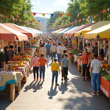 A vibrant open market bustling with activity, filled with various stalls displaying an array of colorful goods. People of diverse backgrounds are seen interacting, with some exchanging money for fresh fruits, vegetables, and handmade crafts. Vendors are enthusiastically calling out to potential customers, showcasing their products. Sunlight filters through canopies, casting lively shadows on the ground. The atmosphere is energetic, with a mix of laughter and conversation filling the air. Brightly colored banners and signs hang from the stalls, adding to the lively ambiance of the market.