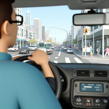A bustling city commute as seen from inside a car stuck in traffic
