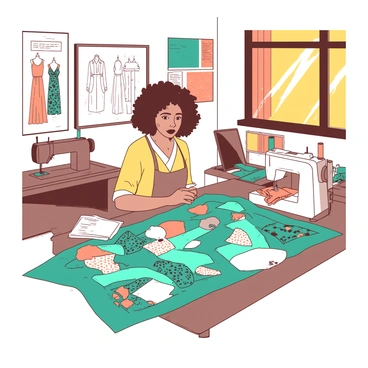 A fashion designer is focused on sewing a unique quilt made from various fabric scraps. The designer, a woman with curly hair, is sitting at a large wooden table covered with colorful fabric pieces in different patterns. There are bright teal and orange fabric scraps spread around her, showcasing floral and geometric designs. Behind her, the studio walls are adorned with sketches of clothing and colorful fabric swatches. A sewing machine sits prominently on the table, with threads in various colors attached. Sunlight streams in through a window, illuminating the vibrant workspace filled with creativity.
