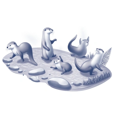 A group of otters swimming in a clear stream. The otters are sleek with streamlined bodies, and they are engaging in playful activities, splashing water around them. Some otters are diving underwater while others are floating on their backs. The stream has smooth stones visible beneath the surface, and gentle ripples are created by the movement of the otters. Nearby, ferns and small plants line the edges of the stream, completing the natural setting.