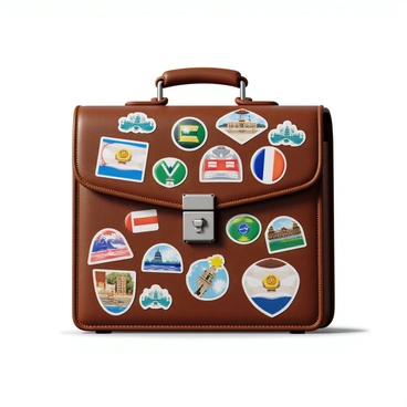 A brown leather briefcase with a textured surface and a top handle. The briefcase is covered in an array of colorful travel stickers from various countries. Each sticker features distinct designs representing landmarks, flags, and cultural symbols. The stickers are positioned randomly across the surface of the briefcase, creating a vibrant and eclectic appearance. The metal clasp is silver-colored and adds a classic touch to the overall design.