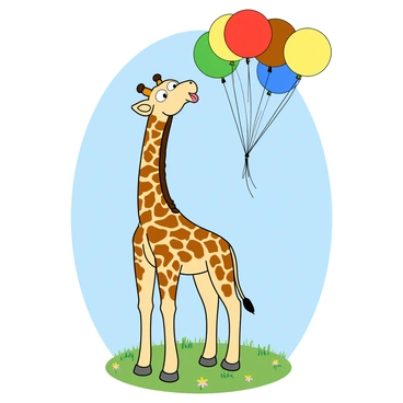 A tall giraffe with golden-brown spots on its long neck and legs is playfully stretching upward. Its large eyes are wide with curiosity as it reaches for a cluster of colorful balloons that are floating in the bright blue sky. The balloons are round and come in various shades of red, yellow, green, and blue, gently bobbing in the air. The giraffe's tongue is slightly extended, as if trying to grab one of the balloons. Below, a grassy landscape can be seen, dotted with small flowers that add splashes of color to the scene.