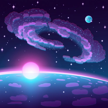 A vast cosmic landscape featuring swirling nebulae in vibrant shades of purple, blue, and pink. The scene is filled with countless twinkling stars scattered throughout the dark expanse of space. In the foreground, a bright celestial body emits a radiant glow, illuminating portions of the surrounding nebulae. The composition creates a sense of depth, with layers of cosmic dust and gas swirling in intricate patterns, enhancing the ethereal quality of the scene.