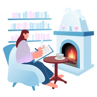A person sitting at a small wooden table next to a cozy fireplace. The person is writing in a gratitude journal, with a pen held in one hand. The journal is open, revealing neatly written entries. A soft, warm glow emanates from the fireplace, casting gentle light across the scene. There is a steaming cup of tea on the table beside the journal. A plush blanket is draped over the chair, and the walls are adorned with bookshelves filled with various books. Above the fireplace, a mantle is decorated with candles and small decorative objects.