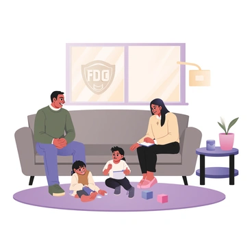A family of four is gathered in a cozy living room, conveying a sense of security and comfort. On the left, a father with medium skin and short brown hair is sitting on a gray couch, wearing a green sweater and blue jeans, smiling at his children. Next to him, a mother with light skin and long dark hair is leaning against the armrest, wearing a beige cardigan and black leggings. On the floor, a young girl with curly hair is playing with building blocks, while a boy with straight hair is drawing on a sketchpad. The warm ambiance is enhanced by a soft rug underfoot and a coffee table filled with family photos and a small plant. In the background, a window displays an "FDIC" emblem prominently placed on the glass, symbolizing financial security. Sunlight streams through the window, illuminating the scene with a gentle glow.