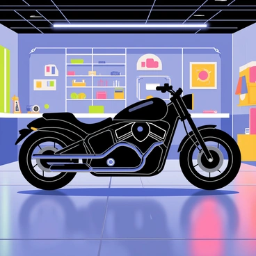 A sleek motorcycle with a glossy black finish is positioned prominently in a modern garage. The motorcycle features a streamlined design with chrome accents and sporty details. Colorful neon lights in shades of blue, pink, and green illuminate the garage, casting reflections on the polished concrete floor. The walls of the garage are adorned with modern artwork, enhancing the contemporary atmosphere. Various tools and parts are neatly organized on shelves in the background, contributing to the garage's high-tech feel.