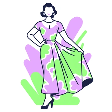 A 1940s fashion illustration features a woman wearing a dress with a bold design. The dress has a fitted bodice that flares into a full skirt, emphasizing an hourglass silhouette. The fabric is adorned with a striking pattern of large poppy flowers, creating a lively visual effect. The woman has her hair styled in soft waves and wears elegant accessories, including a pair of hoop earrings. She stands in a confident pose, with one hand on her hip and the other lightly touching the fabric of her dress. The background includes abstract shapes that complement the dress without detracting from the central figure.