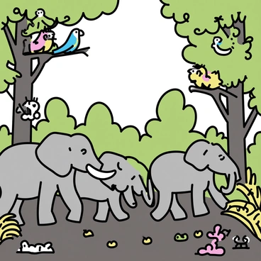 A group of elephants is walking through a dense rainforest, surrounded by tall green trees with broad leaves. Brightly colored parrots are perched on branches overhead, while a few monkeys swing between the trees. In the underbrush, various small creatures, such as frogs and butterflies, are visible among the ferns and vibrant flowers. The ground is covered in rich, dark soil with fallen leaves scattered around, and shafts of light filter through the canopy above.