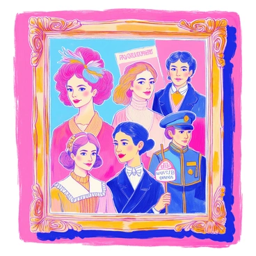 A large picture frame holds portraits of several famous historical women. Each portrait features a different woman with distinct attire and hairstyles representative of her era. On the left, a woman in a Victorian dress has her hair styled in an elaborate updo. Next to her, a woman in a 1920s flapper dress sports a bob haircut and a feather headband. Another portrait features a woman in a suffragette outfit, holding a banner. The final portrait shows a woman in a World War II uniform, with her hair tied back in a practical style. Each woman’s expression conveys strength and determination. The entire frame is ornately designed, adding a sense of elegance to the collection.