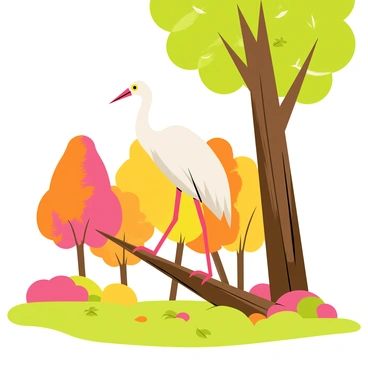 A white crane with long legs stands gracefully on a sturdy branch of a tall tree. The tree is lush with green leaves and has a textured brown trunk. In the background, a colorful woodland setting features various trees with bright foliage, including shades of orange, yellow, and red. Sunlight filters through the leaves, casting dappled light on the ground covered with soft, green moss and scattered fallen leaves. The crane’s sharp beak is pointed slightly upwards, and its wings are tucked neatly against its body.