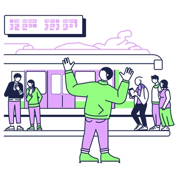 A person is standing on a platform at a busy train station, waving goodbye. The individual has short hair and is wearing a bright jacket and jeans. In the background, a large train is departing, with its windows reflecting sunlight. The train is emitting steam as it moves away from the platform. Various passengers can be seen waiting in the station, some looking at their phones while others are chatting. A large digital display board is showing train schedules above.