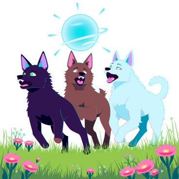 Three Cerberus puppies with fluffy fur, each sporting distinctive three-headed features, are playfully chasing each other across a lush green meadow filled with vibrant wildflowers. The first puppy has a glossy black coat, while the second one has a soft brown coat and the third boasts a striking white coat. Their playful expressions exhibit excitement as they frolic, with their tails wagging enthusiastically. The sun shines brightly overhead, illuminating the scene and casting soft shadows on the grass as they bask in the warmth of a clear blue sky.