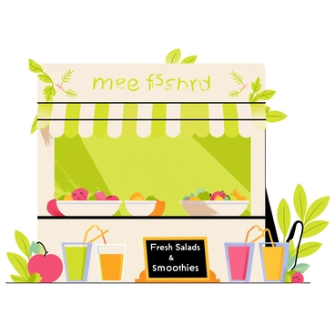 A colorful health food stall featuring a wide array of fresh salads displayed in transparent bowls. The stall has a vibrant green backdrop with leafy plants adorning the edges. Brightly colored smoothies are presented in clear glasses with straws, showcasing their varied hues. A chalkboard sign in front displays the menu with "Fresh Salads" and "Smoothies" written in bold letters. Small decorative items such as fruits and herbs are scattered around the stall, emphasizing the fresh, healthy theme.