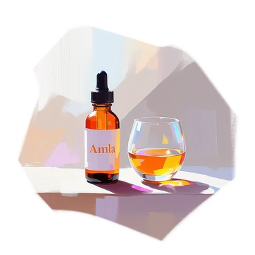 A dropper bottle of amla tincture is placed prominently on a wooden surface. The bottle has a dark amber color and features a dropper lid that is slightly open, indicating recent use. Beside the bottle, there is a small clear glass, catching the light and reflecting it beautifully. The label on the bottle is simple, displaying the word "Amla" in elegant font. The setting is minimal, emphasizing the tincture and glass, with soft shadows cast around them.