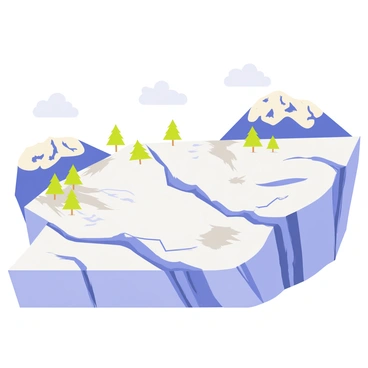 A large glacier with a blue-white surface displaying cracks and crevices is depicted in the foreground. In the background, a mountainous landscape can be seen with rocky peaks partially covered in snow. The glacier shows a progression of melting, with patches of rocky ground becoming exposed as the ice recedes. There are small rivers of water running down the sides of the glacier, indicating the flow of meltwater, and patches of green vegetation appearing at the edges of the glacier. A series of trees line the base of the mountains, and the sky is a gradient of colors, suggesting different times of day, representing the passage of years.