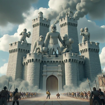 A massive fortress with tall stone walls, featuring a sturdy wooden gate and battlements. The fortress is under siege by a group of determined titans, each towering over the walls, with muscular bodies and fierce expressions. Some titans are holding large boulders, ready to hurl them at the fortress. The sky is filled with dark clouds, adding to the dramatic atmosphere. In the foreground, smaller figures of soldiers can be seen defending the fortress, armed with spears and shields, looking up at the approaching titans. Smoke rises from parts of the fortress, hinting at the chaos of the battle.
