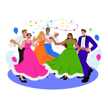 A group of teenagers dressed in elegant formal attire, including tuxedos and colorful gowns, are twirling and laughing together. They are surrounded by sparkling lights that twinkle above them in various colors. The scene captures the joyful expressions on their faces as they enjoy the dance. The floor is decorated with elegant patterns, and balloons float in the background, adding to the festive atmosphere.