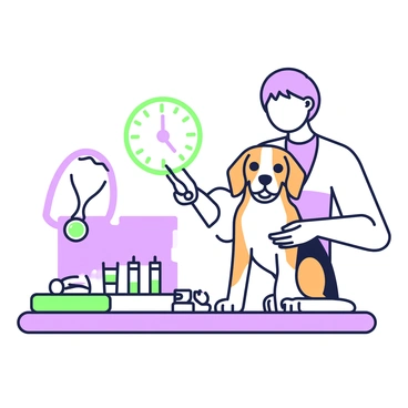 A beagle is sitting calmly on a vet's examination table. The table is equipped with various veterinary tools, including a stethoscope and a thermometer. A veterinarian with short hair is leaning over the beagle, gently checking its ears. The beagle has a brown and white coat, and its eyes are wide open, showing curiosity. To the side of the table, there is a tray holding medical supplies, including syringes and bandages. A wall clock is visible in the background, indicating the time.