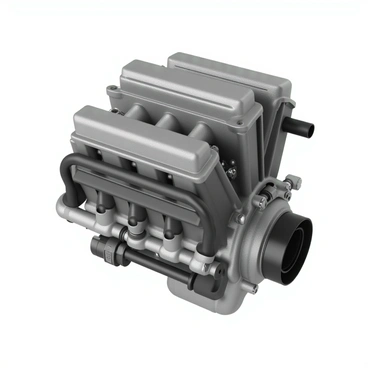 A compact car engine is displayed, showcasing various components including the heat exchanger integrated within the cooling system. The engine is painted in a sleek metallic gray finish, revealing intricate details such as bolts and seals. The heat exchanger is positioned prominently, featuring aluminum fins that enhance its cooling efficiency. Hoses connected to the heat exchanger are visible, with one leading to the radiator and another to the engine block. The overall setup includes various pipes and sensors, highlighting the complexity of the cooling system within the engine.