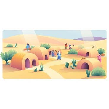 A small village in the desert features several homes constructed from sand and natural materials like straw and clay. The houses are low to the ground with rounded roofs, blending seamlessly into the golden landscape. Sunlight casts long shadows over the compact pathways that weave between the homes. Sparse vegetation, such as small cacti and hardy shrubs, dot the sandy ground, providing a stark contrast to the warm tones of the structures. In the distance, soft dunes rise gently against the clear blue sky. A few villagers in traditional attire can be seen, engaging in daily activities, adding life to the serene scene.