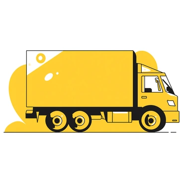 A transport truck composed of geometric shapes is depicted. The truck features a large rectangular body representing the cargo area. A smaller rectangle sits on the front, forming the cabin. Circular shapes represent the wheels, positioned at the bottom of the body. The cabin has triangular shapes for the roof, enhancing the truck's angular appearance. Lines are used to indicate windows and doors on the truck, while additional geometric details suggest the structure of the truck's chassis.