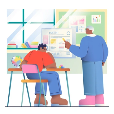A student with curly hair and glasses is sitting at a wooden desk in a bright classroom. The student is wearing a red t-shirt and blue jeans, focused on a math workbook opened in front of them. A teacher with short hair and a blue sweater is standing beside the desk, pointing at a math problem with a yellow highlighter. The walls of the classroom are decorated with colorful educational posters, and sunlight pours in through large windows, illuminating the space. There are stacks of books on a nearby shelf and a globe sitting on a corner of the desk.