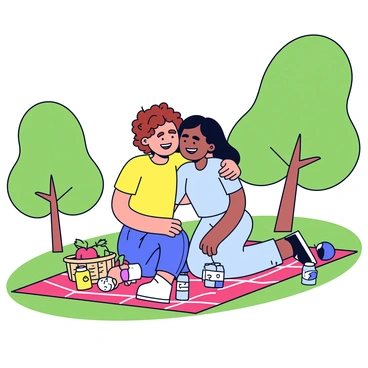 Two friends are sitting on a red and white checkered picnic blanket in a grassy park. They are embracing each other, both smiling brightly. One friend has curly brown hair and is wearing a yellow t-shirt, while the other has straight black hair and is dressed in a light blue top. Around them, there are a few picnic items including a basket filled with fruits and a couple of soda cans. In the background, there are green trees and the sun is shining down, casting soft shadows on the blanket.