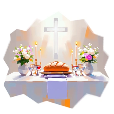 A communion table set for a church service, featuring a beautifully arranged tablecloth in soft white fabric. At the center of the table, there is a large loaf of bread, freshly baked and golden brown, surrounded by a set of several small silver communion cups filled with red wine. Delicate floral arrangements in simple vases embellish either side of the table, adding a touch of natural beauty. Soft candlelight from several lit candles creates a warm and inviting atmosphere. The overall setting is serene and reverent, ready for the congregation.