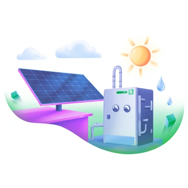 A modern pastel illustration depicting a solar panel installation situated on a flat rooftop. The solar panels are angled towards the sun, reflecting the sunlight. Next to the solar panels, there is a sleek electrolysis unit with visible tubes and gauges, indicating the process of generating hydrogen fuel. Small water droplets are illustrated to signify the water source feeding into the electrolysis system. Surrounding the scene are soft clouds and a bright sun in a blue sky. The overall composition captures the harmonious interaction between renewable energy and innovative technology.