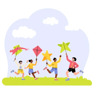 A group of children running joyfully in a grassy field, each holding a colorful kite. The kites are in various shapes, including a red dragon, a yellow star, and a green butterfly, all soaring high against a clear blue sky. The children are wearing bright clothes, and their expressions show excitement and happiness as they run and laugh. Fluffy white clouds drift lazily in the background, completing the cheerful scene.