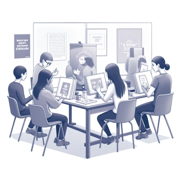 A classroom filled with students engaged in painting activities. Each student is sitting at an easel, focusing on a canvas. In the center, there is a table cluttered with various art supplies like brushes, palettes, and paint containers. The students represent a diverse mix of ethnicities and backgrounds, each showcasing their unique religious symbols on their canvases. On the walls, there are inspirational posters and artworks related to different faiths. The atmosphere is one of collaboration and creativity, with students discussing their work and sharing techniques.