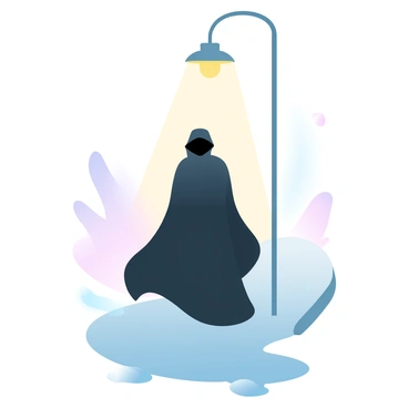 A mysterious figure in a dark cloak is standing beneath a street lamp, creating a focal point in the scene. The cloak flows around the figure, partially concealing their form. Shadows extend from the figure, blending into the surrounding darkness. The street lamp emits a warm glow, illuminating the area directly beneath it while leaving the edges in deeper shades. The ground is wet, reflecting the light and enhancing the atmosphere. Surrounding the lamp are faint outlines of distant buildings, shrouded in the night.