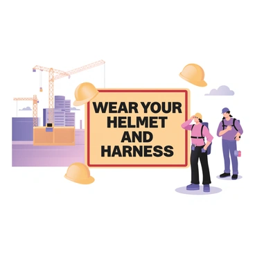 A digital flat illustration featuring a bright and colorful safety sign on a construction site. The sign is rectangular with a yellow background and bold black text that reads "Wear Your Helmet and Harness" in uppercase letters. There are images accompanying the text: a yellow hard hat on the left and a safety harness on the right, both depicted in a clear and simple style. The border of the sign is red, which enhances visibility. In the background, there are construction elements such as a crane and scaffolding, and a few construction workers wearing helmets and harnesses can be seen in the distance, emphasizing the importance of safety on-site.