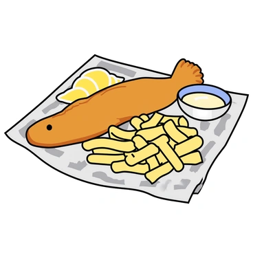 A classic plate of fish and chips is presented on a sheet of crumpled newspaper. The golden-brown fried fish is crispy and flaky, resting beside a generous portion of golden, thick-cut fries. The fries are slightly irregular in shape, showcasing their hearty texture. A small bowl of creamy tartar sauce is placed next to the fish, ready for dipping. The scene captures the casual dining experience, with hints of salt and a lemon wedge on the side, adding to the appetizing display.