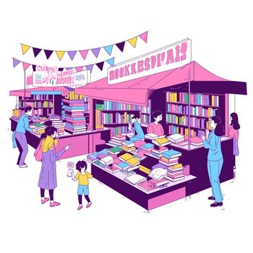 A duotone scene depicts a vibrant book fair filled with various stalls displaying an array of colorful books. Each stall has books neatly organized and some are stacked haphazardly, inviting browsing. There are people of different ages and backgrounds engaging with the book displays, some flipping through pages, while others are deep in conversation. A few children are pointing excitedly at their favorite titles, while adults are discussing the latest releases. Colorful banners hang above the stalls, adding to the lively atmosphere of the fair.