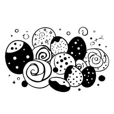A collection of Easter eggs scattered on a flat surface. Each egg is intricately painted with swirling patterns resembling galaxies, featuring spirals and star-like shapes. Some eggs have clusters of small dots representing stars, while others showcase vibrant, swirling nebula-like designs. The eggs vary in size and are arranged in a way that creates an appealing composition. A few eggs are partially cracked, revealing whorls of color inside.
