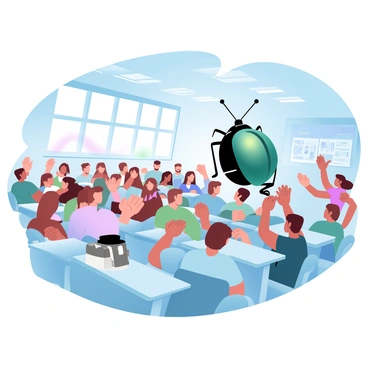 A classroom is filled with students sitting at their desks, each displaying a mix of curiosity and surprise. In the back of the room, a giant bug is perched on a desk, its large body covered in shimmering green and black exoskeleton. The students, wearing colorful clothing, are glancing towards the back, some with hands raised in excitement and others leaning back in their chairs. The walls of the classroom are adorned with educational posters and classroom supplies, while large windows allow sunlight to stream in, illuminating the scene.