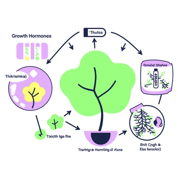 An illustration depicting the effects of growth hormones on plant development. In the center, there is a healthy green plant with large leaves, showcasing robust growth. On the left, a smaller plant with yellowing leaves is displayed, indicating stunted growth. Above these plants, arrows point from small vials labeled "Growth Hormones" to the larger plant. Surrounding the scene, diagrams illustrate the cellular changes within the plant, showing thickening of stems and leaf expansion. Each element is clearly labeled with descriptive text.