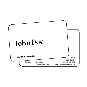 A business card layout featuring a rectangular shape with rounded corners. The card has a clean, minimalist design with plenty of white space. The front side displays the text "John Doe" in an elegant serif font at the center, with "Graphic Designer" printed below in a smaller sans-serif font. The back side of the card includes contact details, arranged neatly in a clean, organized manner. The text is formatted in black, contrasting against the white background, creating a sophisticated and professional appearance.
