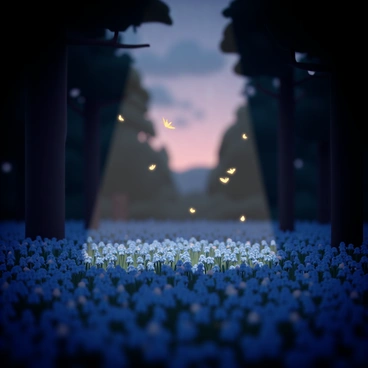 A forest scene filled with a dense carpet of "bluebells" covering the ground. The bluebells are vibrant in color, with their petals delicately shaped and glistening in the low light. Above the flowers, "fireflies" are gently floating, their small bodies glowing softly in a warm yellow hue. The twilight sky is visible through the trees, casting a serene yet magical ambiance over the entire scene. Dark silhouettes of trees frame the sides of the image, with the last light of the day filtering through the branches, enhancing the enchanting atmosphere.