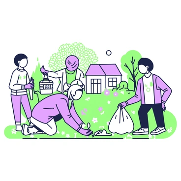 A Muslim girl wearing a colorful hijab is participating in a community cleanup. She is kneeling on the ground, carefully picking up litter with a pair of gloves. Around her, there are a few friends engaging in the same activity; one is holding a trash bag, while another is using a grabber tool to collect trash. The neighborhood is sunny, with houses visible in the background, flanked by trees and flowering plants. The group is surrounded by various pieces of litter scattered on the grass and pavement.
