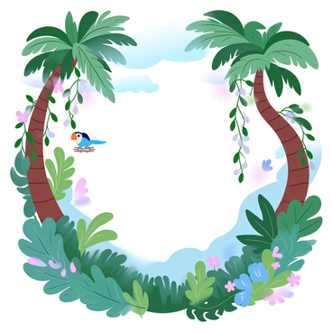 A lush tropical rainforest teeming with life. Tall trees with broad, green leaves stretch towards the sky, creating a dense canopy. Vines hang down from branches, intertwining with vibrant flowers in various colors. A variety of plants, including ferns and large-leaved species, cover the forest floor, providing a rich green backdrop. Among the foliage, colorful birds are perched on branches, while butterflies flutter around. In the distance, a playful monkey swings from tree to tree, adding to the lively atmosphere of the rainforest.